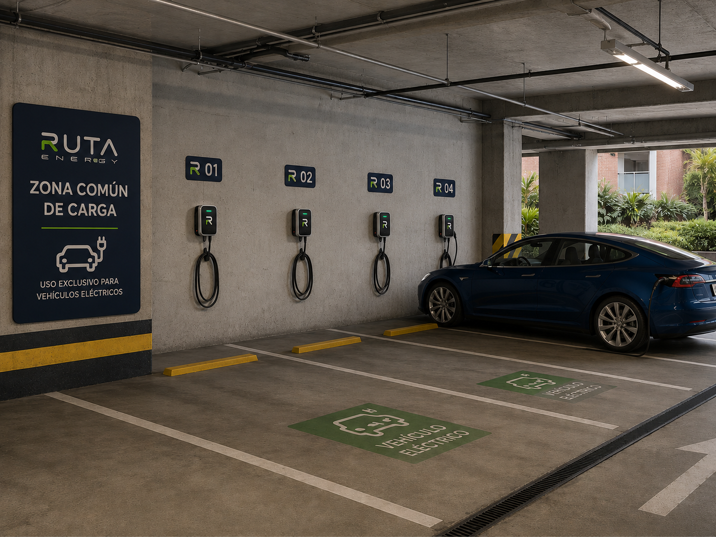 Zona común de carga RutaENERGY en parqueadero de edificio